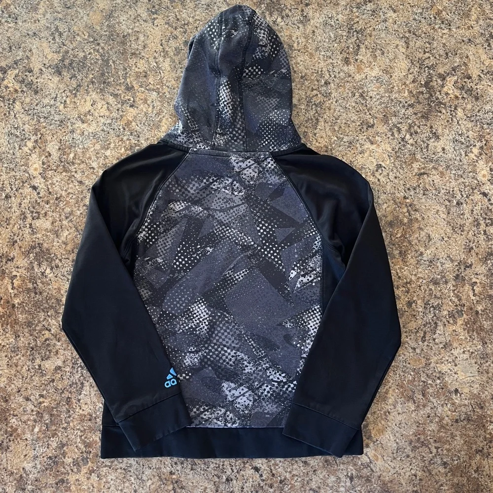 Adidas Boys CLIMAWARM Pullover Hoodie Sweatshirt Sz M 10/12 Black Blue Gray Camo